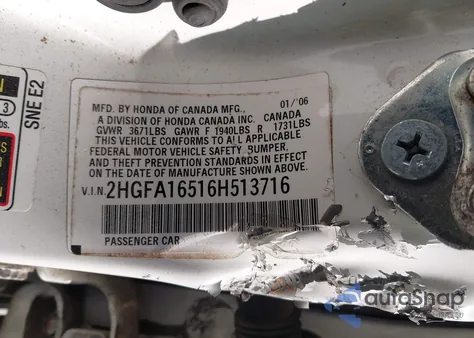 2006 Honda Civic Lx from USA, damaged, VIN 2HGFA16516H513716